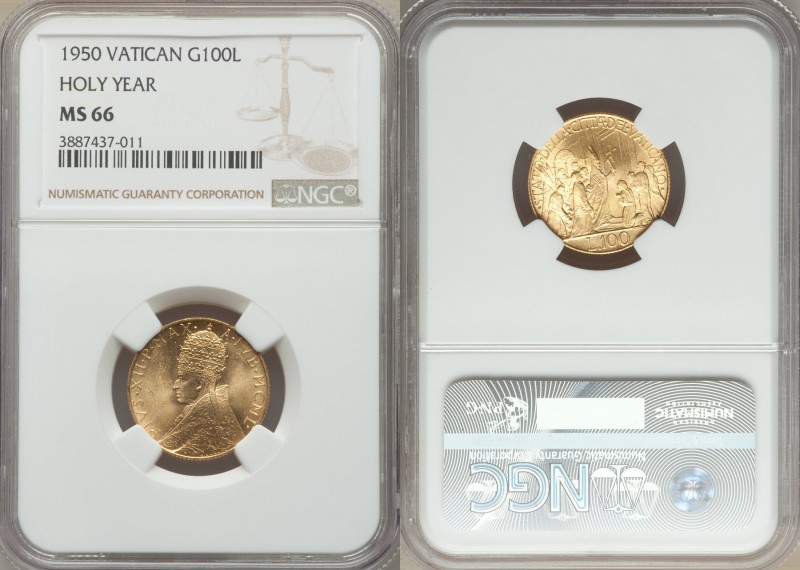 Pius XII gold 100 Lire MCML (1950) MS66 NGC, KM48. Crowned bust left / Opening o...