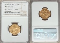 Republic gold 20 Bolivares 1904 UNC Details (Obverse Planchet Flaw) NGC, Paris mint, KM-Y32. Planchet flaw at back of neck below hair, also lamination...