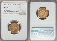 Republic gold 20 Bolivares 1911 MS63 NGC, Paris mint, KM-Y32. Type 2 dot between date and Lei closer to L of Lei.

HID09801242017