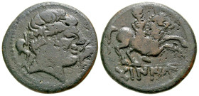 Iberia, Tamaniu. Ca. 100-90 B.C. AE 23 (23 mm, 6.87 g, 7 h). Male head right; dolphins behind and before, 'Tabaniu', Horseman right, holding short spe...