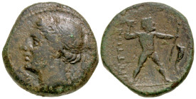 Bruttium. The Bruttii. 282-203 B.C. AE 17 (17.4 mm, 4.58 g, 7 h). [NI]KA, diademed head of Nike left, name beneath chin, grain ear behind neck / BPETT...