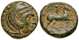 Macedonian Kingdom. Kassander. 316-297 B.C. AE 18 (18.26 mm, 5.76 g, 5 h). Head of young Hercules right wearing lion-skin headdress / ΒΑΣΙΛΕΩΣ [ΚΑΣΣΑΝ...