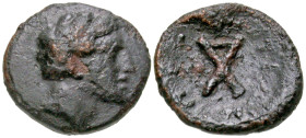 Thessaly, Peumata. Early 3rd Century BC AE chalkous (13.4 mm, 1.49 g, 11 h). Wreath head of Achilles right / ΠEYMATIΩN, around AX monogram. BCD Thessa...