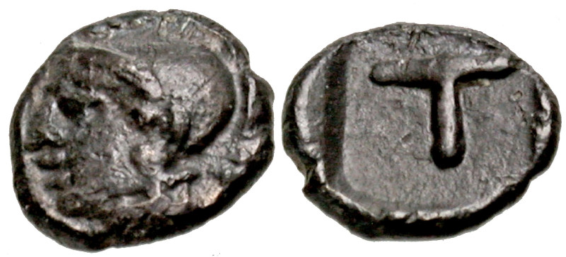 Arkadia, Tegea. Ca. 423-400 B.C. AR tetartemorion (6 mm, 0.21 g, 3 h). Helmeted ...