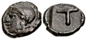 Arkadia, Tegea. Ca. 423-400 B.C. AR tetartemorion (6 mm, 0.21 g, 3 h). Helmeted head of Athena Alea left / T within shallow incuse square. BCD Pelopon...
