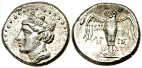 Pontos, Amisos. Late 5th-4th century B.C. AR drachm (17.9 mm, 5.62 g, 2 h). Persic standard. Arys -, magistrate. Draped bust of Tyche-Hera left, weari...