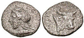 Mysia, Kyzikos. Ca. 450-400 B.C. AR hemiobol (6.4 mm, 0.32 g, 12 h). Head of Attis left, wearing Phrygian cap / KY, head of bull facing slightly right...