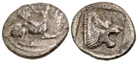 Troas, Assos. 479-450 B.C. AR obol (9.8 mm, .65 g, 5 h). Griffin seated right / Head of lion right within square incuse. BMC 3; Traité pl. 143, 26. VF...