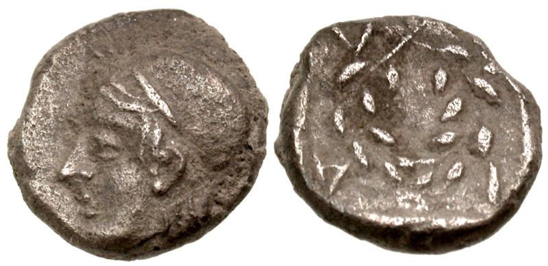 Aiolis, Elaia. Ca. 450-400 B.C. AR diobol (9 mm, 1.27 g, 7 h). Helmeted head of ...