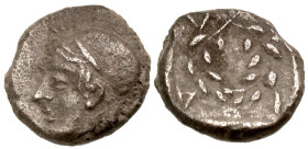 Aiolis, Elaia. Ca. 450-400 B.C. AR diobol (9 mm, 1.27 g, 7 h). Helmeted head of Athena left / EΛAI, laurel wreath within incuse square. SNG Copenhagen...