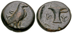 Aiolis, Kyme. Ca. 350-320 B.C. AE (9 mm, 1.29 g, 12 h). Eagle standing right; AΠ to left / K-Y, one-handled vase. Cf. SNG Copenhagen 44-5. Near VF, br...