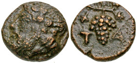 Aiolis, Temnos. 3rd century B.C. AE 10 (10.3 mm, 1.24 g, 6 h). Bearded head of Dionysos left, wearing ivy wreath / T-A, grape bunch on vine. SNG Copen...