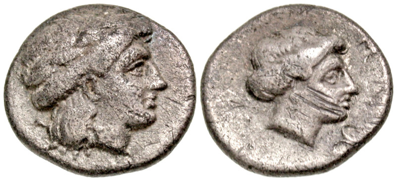 Lesbos, Mytilene. Ca. 400-350 B.C. AR diobol (10.5 mm, 1.22 g, 12 h). Laureate h...