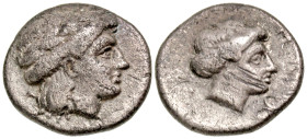 Lesbos, Mytilene. Ca. 400-350 B.C. AR diobol (10.5 mm, 1.22 g, 12 h). Laureate head of Apollo right / Female head right; uncertain symbol before. Cf. ...