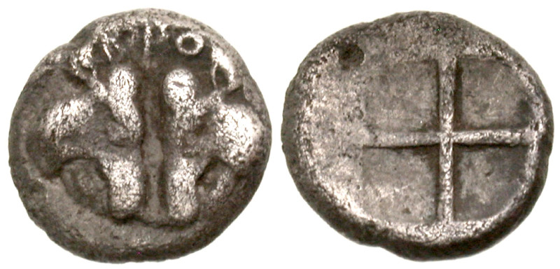 Lesbos, Uncertain . ca. 500-450 B.C. BI obol (8.6 mm, .60 g). two boars' heads c...
