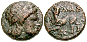 Islands off Lesbos, Nesos. Ca. 350-300 B.C. AE 9 (8.7 mm, .71 g, 12 h). Laureate head of Apollo right / NAΣI, panther crouching left, head facing, pen...