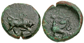 Caria, Kaunos. Ca. before 309 B.C. AE 13 (13.04 mm, 1.43 g, 1 h). Sphinx right [K - A] in fields(?) / Bull butting right. SNG COP. 180; SNG von Aulock...