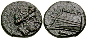 Caria, Knidos. Ca. 375-340 B.C. AE 10 (10.4 mm, 1.45 g, 12 h). Ara-, magistrate. Head of Aphrodite right, with hair bound in sphendone / KNI, prow lef...
