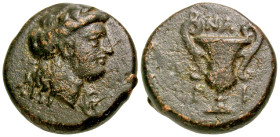 Cilicia, Nagidos. Ca. 400-380 B.C. AE 13 (12.9 mm, 2,73 g, 1 h). Head of Aphrodite right / NA ΓI, kantharos. SNG France 20; SNG Levante 15. aVF, brown...