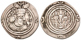 Sasanian Kingdom. Khusru II. A.D. 591-628. AR drachm (27.2 mm, 2.48 g, 3 h). AS (Asfahan) mint, dated RY 14. Crowned and cuirassed bust right; double ...