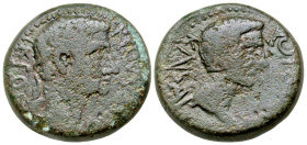 Macedon, Thessalonica. Augustus and Tiberius, Caesar. ca. A.D. 4-14. AE 21 (21.3 mm, 9.23 g, 1 h). [ΘΕΣΣ]ΑΛΟΝ]-ΙΚΕΩ[Ν] (ccw), laureate head of Augustu...