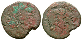 Imitating Octavian, with Divus Julius Caesar. 38 B.C. AE sestertius or dupondius (29.2 mm, 9.91 g, 3 h). Barbarous mint. CAESAR DIVI F, bare head of O...