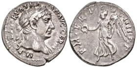 Trajan. A.D. 98-117. AR denarius (18.9 mm, 2.65 g, 7 h). Rome mint, Struck A.D. 102. IMP CAES NERVA TRAIAN AVG GERM, laureate bust of Trajan right, dr...