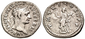 Trajan. A.D. 98-117. AR denarius (19.3 mm, 3.32 g, 7 h). Rome mint, Struck A.D. 99. IMP CAES NERVA TRAIAN AVG GERM, laureate head of Trajan right / PO...