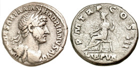 Hadrian. A.D. 117-138. AR denarius (17.3 mm, 3.11 g, 7 h). Rome mint, struck A.D. 119-125. Scarce. IMP CAESAR TRAIAN HADRIANVS AVG, laureate and drape...
