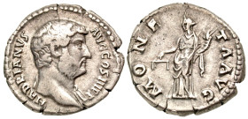 Hadrian. A.D. 117-138. AR denarius (18 mm, 3.44 g, 6 h). Rome mint, struck A.D. 137. HADRIANVS AVG COS III P P, bare head of Hadrian right / MONETA AV...