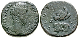 Divus Marcus Aurelius. Died A.D. 180. AE sestertius (32 mm, 23.11 g, 7 h). Rome mint, A.D. 180. DIVVS M ANTONINVS PIVS, bare head right / CONSECRATIO,...