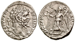 Septimius Severus. A.D. 193-211. AR denarius (17.7 mm, 3.07 g, 7 h). Rome mint, struck A.D. 198. L SEPT SEV PERT AVG IMP X, laureate head right / VICT...