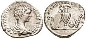 Geta. As Caesar, A.D. 198-209. AR denarius (17.4 mm, 3.17 g, 7 h). Rome mint, struck A.D. 199-200. L SEPTIMIVS GETA CAES, bare-headed draped bust righ...