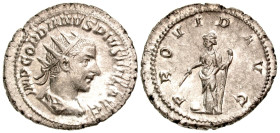 Gordian III. A.D. 238-244. AR antoninianus (23.7 mm, 4.53 g, 2 h). Rome mint, Struck A.D. 243-244. IMP GORDIANVS PIVS FEL AVG, radiate, draped and cui...