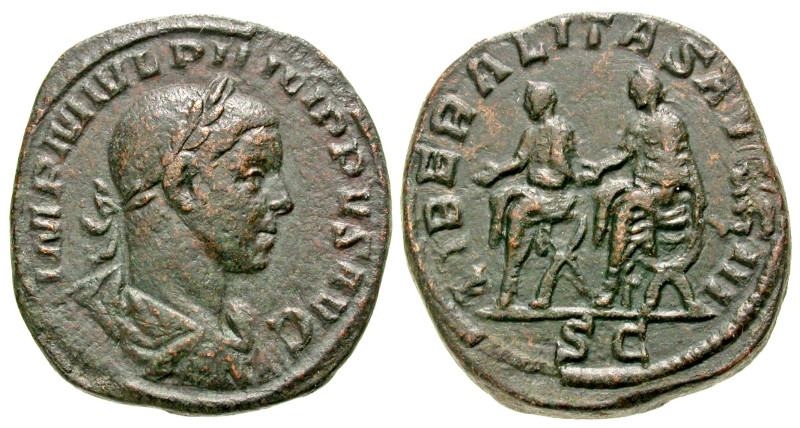 Philip II. A.D. 247-249. AE sestertius (30.1 mm, 24.06 g, 1 h). Rome mint, struc...