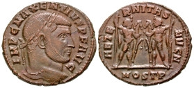 Maxentius. A.D. 306-312. AE follis (24.4 mm, 5.84 g, 1 h). Ostia, A.D. 309-312. IMP C MAXENTIVS P F AVG, laureate head right / AETERNITAS AVG, the Dio...