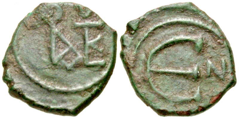 Justin II. A.D. 565-578. AE pentanummium (13.5 mm, 1.41 g, 7 h). Monogram of Jus...