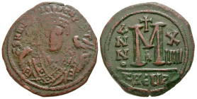 Maurice Tiberius. 582-602. AE follis (28.4 mm, 10.62 g, 6 h). Antioch/Theupolis mint, 596-597. D N m[AЧΓ]I - CN P [AЧ]T, crowned (trefoil ornament on ...