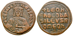 Leo VI, the Wise. 886-912. AE follis (26.5 mm, 5.16 g, 6 h). Constantinople mint. + LEOn bA - S - ILEVS ROM', Leo enthroned facing, wearing crown and ...