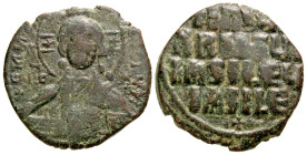 Attributed to time of Basil II & Constantine VIII. 976-1028. AE follis (26.2 mm, 8.27 g, 6 h). anonymous, class A3. Constantinople mint. + ЄMM[A-NOV]H...