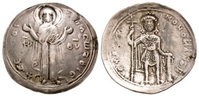 Constantine IX Monomachus. A.D. 1042-1055. AR miliaresion (24.5 mm, 2.05 g, 6 h). Constantinople mint. The Virgin orans, nimbate, standing facing on f...