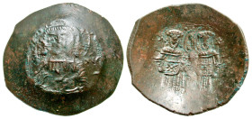 Alexius III Angelus-Comnenus. 1195-1203. BI aspron trachy (26.8 mm, 3.51 g, 6 h). Constantinople mint. + KЄ [RO]HΘЄI, Nimbate bust of Christ facing we...