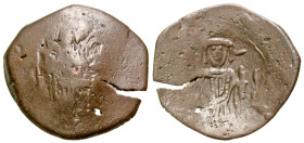 Latin Rulers of Constantinople. 1204-1261. BI trachy (19.1 mm, 1.64 g, 6 h). Constantinople mint. MP-ΘV, Mary, seated facing / Emperor standing facing...
