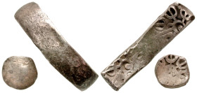 Gandhara. Maha Janapada. 500-300 B.C. AR "Bent Bar' satamana / AR sana (1/8 of bent bar). Taxila mint. Two different denominations of the same mint. M...