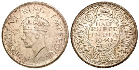 British India. AR 1/2 rupee. 1940. Large second head, small rim decoration / GEORGE VI KING EMPEROR, Denomination and date within circle, wreath surro...