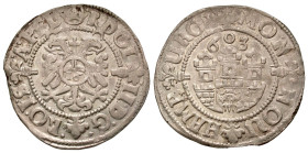 German States, Hamburg. 1601-1608. AR double schilling (27.5 mm, 3.03 g, 7 h). 1603. MON NOU HAMB URG, legend broken by fleurs de lis at 4 cardinal po...
