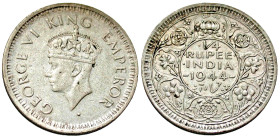 India, British Colonial India. George VI. 1936-1952. AR quarter rupee. Bombay Mint, Struck 1944. GEORGE VI KING EMPEROR, crowned head of George VI (of...