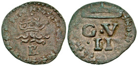 Italian States, Urbino. Guidobaldo II della Rovere. 1538-1574. BI Quattrino (15 mm, .53 g, 4 h). Crowned GV II, bees below / Overturned vessel with fl...
