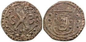 Malay Archipelago, Coonial. Portuguese Malacca. Sebastião I. 1557-1578. Tin Bastardo (26.5 mm, 5.36 g, 12 h). Coat-of-arms; above, rosette flanked by ...