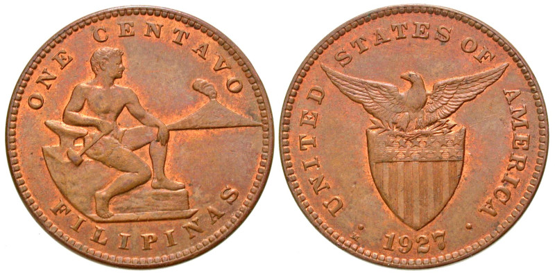 Philippines. 1 centavo. 1927M. KM 163. UNC, Beautiful luster and original red th...